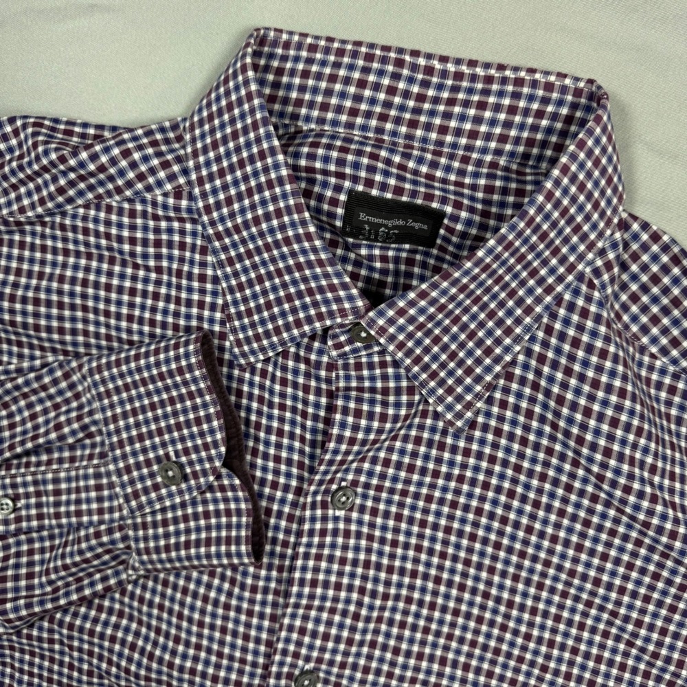 Ermenegildo Zegna Gingham Button Down Shirt Men's XL Burgundy Italy Cotton - Picture 1 of 9